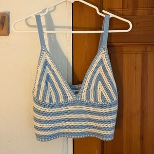 Stradivarius Blue & White Striped Crochet Bralette Tank